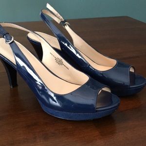 Electric Blue sling-back platform peep-toe pumps